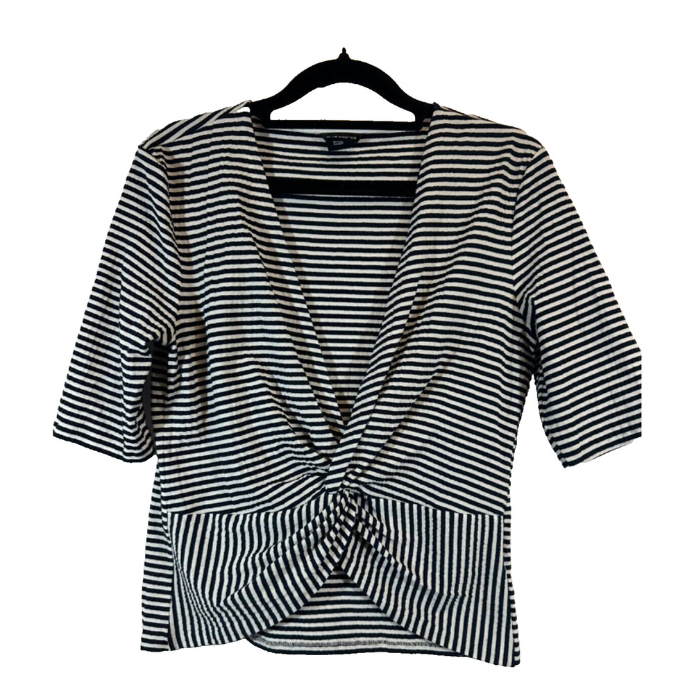 Club Monaco Navy Ivory Striped Twist Tee Knit Women’s Size L Shirt Blouse A27